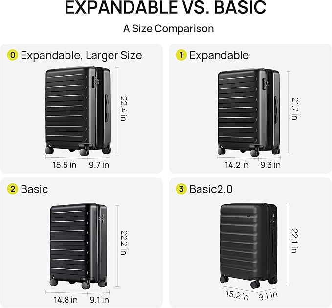 NINETYGO Carry On Luggage 22x14x9 Airline Approved, 20 Inch Luggage with Smooth Spinner Wheels, Expandable, Hard Shell PC Suitcase, Lightweight Travel Luggage, TSA Approved (Black, Rhine Max1.0)