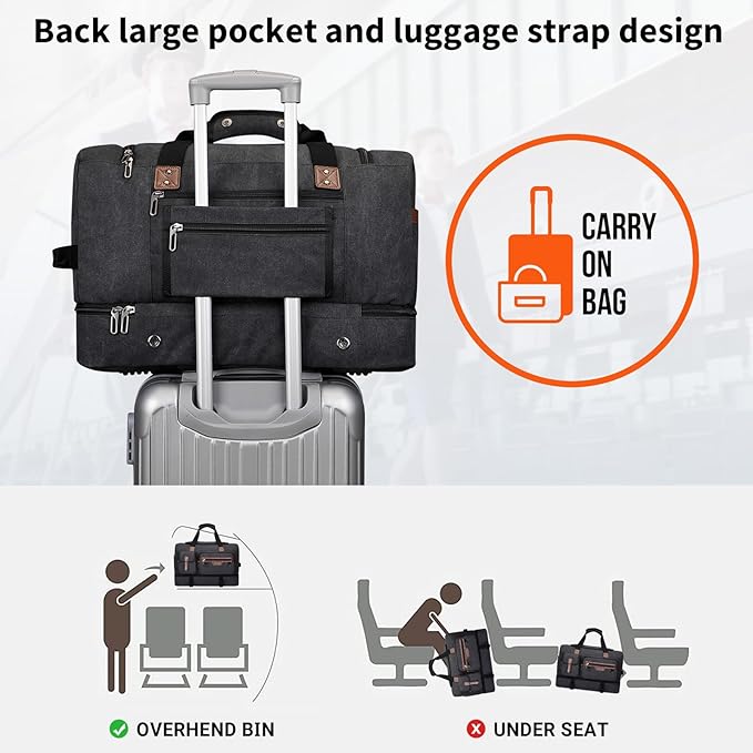 WITZMAN Canvas Weekender Bag Mens Overnight Bag for Traveling Carry on Duffle Bags with Shoes Compartment（A8010 Black）