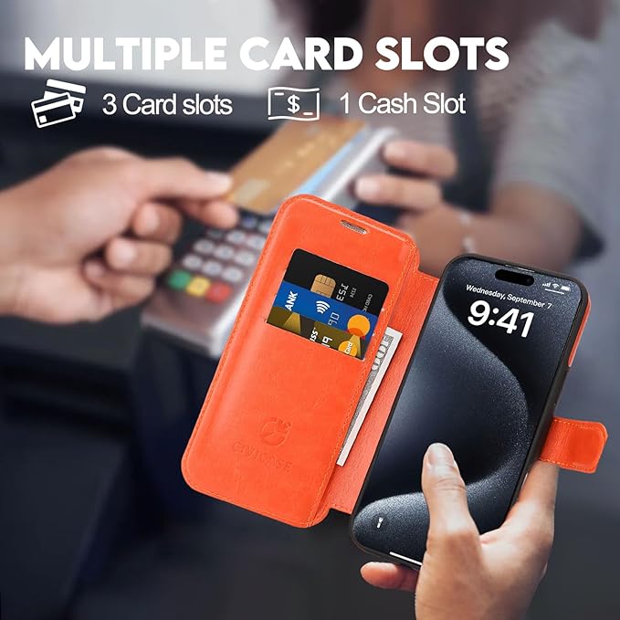 CIVICASE for iPhone 16 Pro Max Wallet Case with Stand,PU Leather Flip Credit Card Holder Slots (RFID Blocking),Compatible with Magsafe Magnetic Holder Phone Cover Women Men,Orange