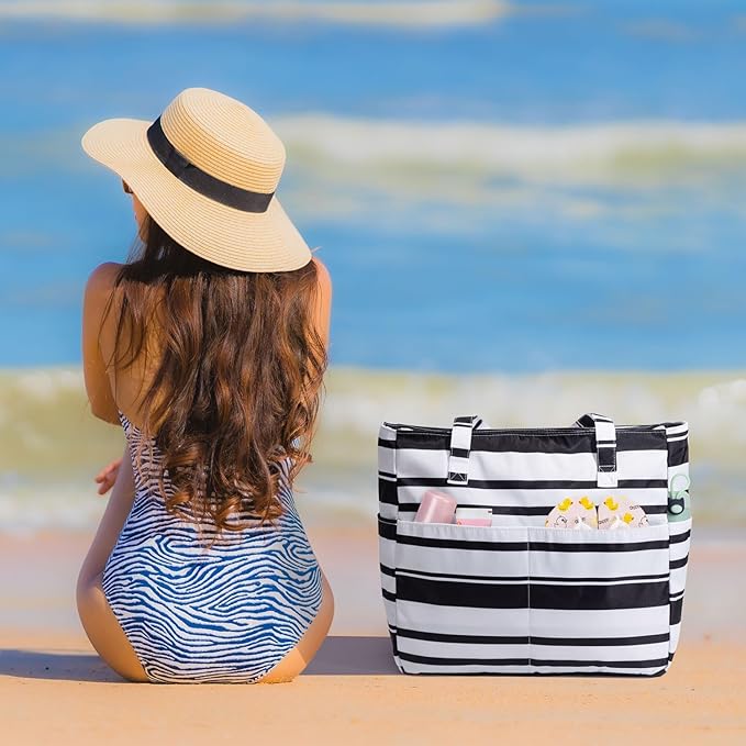 KABAQOO Extra Large Beach Bag Waterproof Sandproof Women Beach Tote with Zipper & Wet Compartment for Pool Gym Grocery Travel