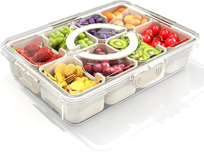Snackle Box Container with Sealed Lid – Portable BPA-Free Snack Box with Foldable Handle, Divided Serving Tray for Fruit, Candy, Nuts & Veggies – Perfect for Travel, Picnic, Beach & Party 11.8" x 8.8"