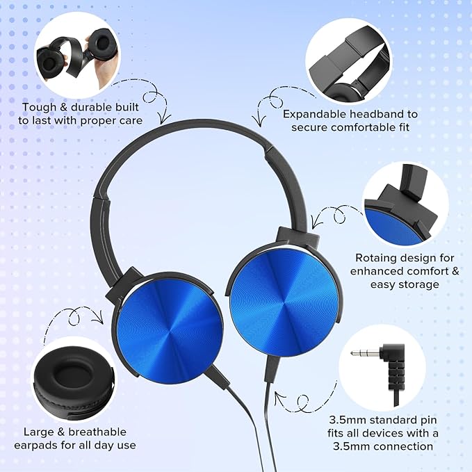 Bulk Headphones for Classroom School Student,24 Pack Durable Wired Kids On-Ear Earphones,3.5mm Plug for Computer,Kindle Fire,Chromebook,Laptop,Mobile Phone(HTC004,Colorful)