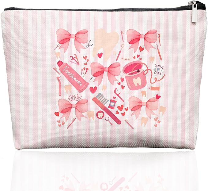 Dental Care Coquette Makeup Bag, Pink Bow Toothbrush Toothpaste Cosmetic Pouch for Dentist, Dental Assistant, Orthodontist, Hygienist