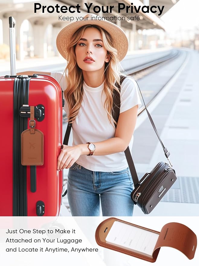 Luggage Tags Built-in Anti-Loss Tracker, Luxury Leather Luggage Tags for Suitcase, Travel Bags, Backpacks, Travel Organizer for Lost Baggage Prevention (Brown*2 Pack)