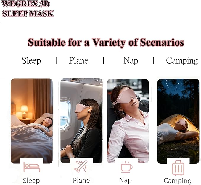 Sleep Mask, 3D Sleeping Mask, Zero Eye Pressure, 100% Light Blocking Eye Mask, Soft Comfortable for Travel & Side Sleepers, WEGREX Sleep Mask (Pink)