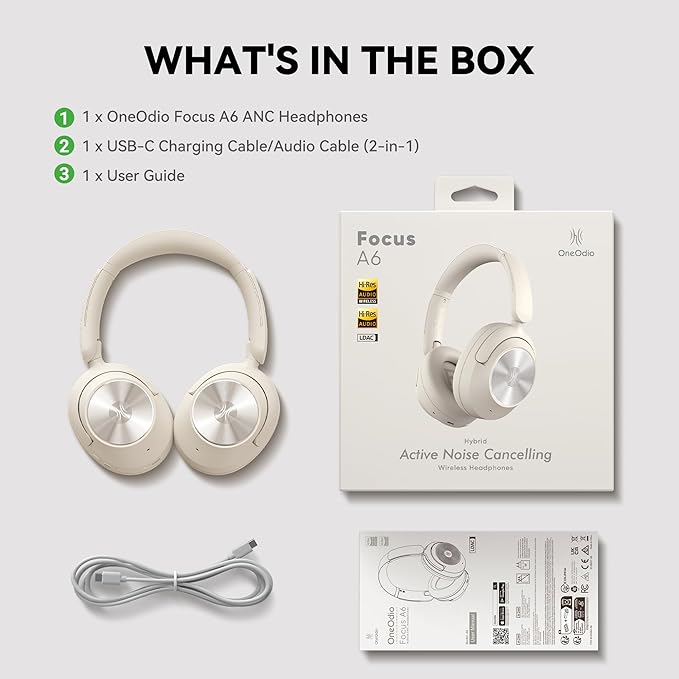 OneOdio Focus A6 Hybrid Active Noise Cancelling Headphones, 75H Playtime, LDAC Hi-Res Lossless Audio, Bluetooth 6.0, Dual Mic ENC Call, Support Wired ANC via USB-C, Wireless Over Ear Headphones
