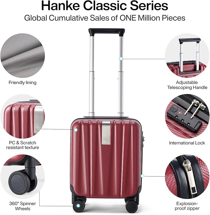 Hanke 14 Inch Underseat Carry On Luggage with Wheels Hard Shell Suitcases Lightweight Small Luggage for Weekender Mini Suitcase Carry On Bag Travel Luggage for Travel Rolling Suitcase.(Burgundy)