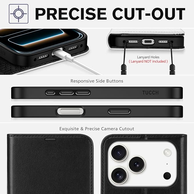 TUCCH Wallet Case for iPhone 17 Pro (6.3") 2025, 4 Card Holders, RFID Blocking, Stand, Shockproof TPU Shell, PU Leather, Magnetic Closure, Protective Flip Folio Cover, Black & White