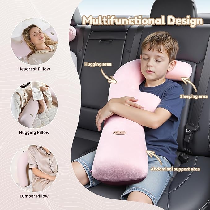 FLORICH Memory Foam Kids Travel Pillow, Car Sleeping Pillow, F-Shape Car Pillows for Adults and Children, Traveling Car Pillow for Kids with Removable Pillowcase (Pink)