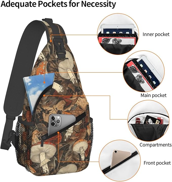 Botanical Mushroom Sling Backpack Crossbody Bag Casual Chest Bags Travel Hiking Daypack Shoulder Bag for Women Men