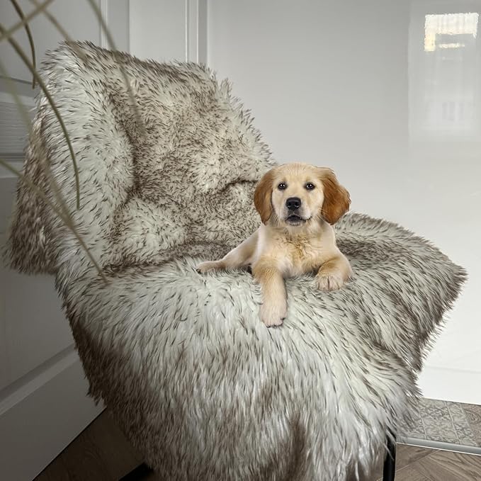 Waterproof Dog Blanket for Small, Medium & Large Dogs – Faux Fur Pet Throw for Couch, Sofa, Bed & Car – Soft, Washable, Stain-Resistant, Durable Cover – White w/Brown Tips – 40" x 30"
