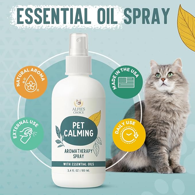 ALFIE'S CHOICE Pet Calming Aromatherapy Spray | 3 fl oz | for Dogs & Cats | Water Based Botanical Mist with Lavender, Ylang Ylang & Valerian | Promotes Calm and Relaxed Environment