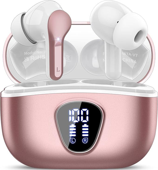 Wireless Earbuds, Bluetooth 5.4 Headphones HiFi Stereo, Bluetooth Earbuds with ENC Noise Cancelling Mic, IP7 Waterproof in Ear Earphones, 48H, LED Display Ear Buds for Pad Phones Workout, Rose Gold
