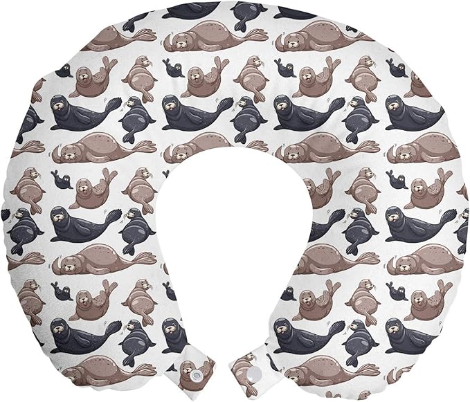 Ambesonne Sea Animals Travel Pillow Neck Rest, Seals Illustration Sea Lion Exotic Tropical Comic Graphic Wild Ocean, Memory Foam Traveling Accessory for Airplane and Car, 12", Cadet Blue Mauve