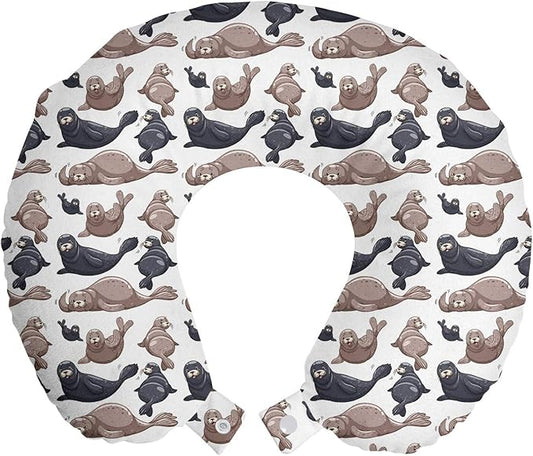 Ambesonne Sea Animals Travel Pillow Neck Rest, Seals Illustration Sea Lion Exotic Tropical Comic Graphic Wild Ocean, Memory Foam Traveling Accessory for Airplane and Car, 12", Cadet Blue Mauve