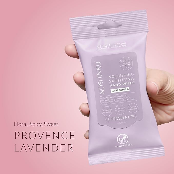 Noshinku Lavendula Hand Sanitizer Wipes, 6-Pack (90 Towelettes) – Resealable Travel Wipes with Ethyl Alcohol, Aloe & Green Tea, Plant-Based Fiber, Essential Oil Scents, Cruelty-Free & No Dyes