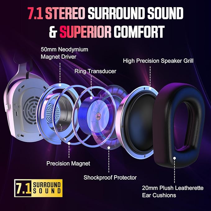 Wireless Gaming Headset for PS5 PS4 PC Mac Switch, RGB Headphones with 7.1 Surround Sound, Bluetooth 5.4, 60H Battery, Noise Canceling Mic & 50mm Drivers