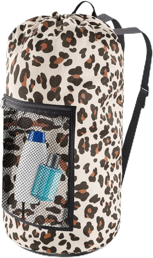 Laundry Bag Backpack, Extra Large Travel Laundry Bag with Mesh Pocket & Adjustable Shoulder Straps,Dirty Clothes Travel Bag for College Students Dorm,Apartment(Leopard Print)