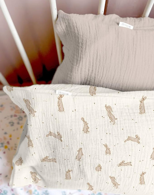 Toddler Pillowcases for 13"x18" Pillow 2 Pack, Muslin Small Toddler Baby Kids Travel Pillow Covers for Boys Girls with Envelope Closure (Rabbit B & Beige, 13 x 18 Inch)