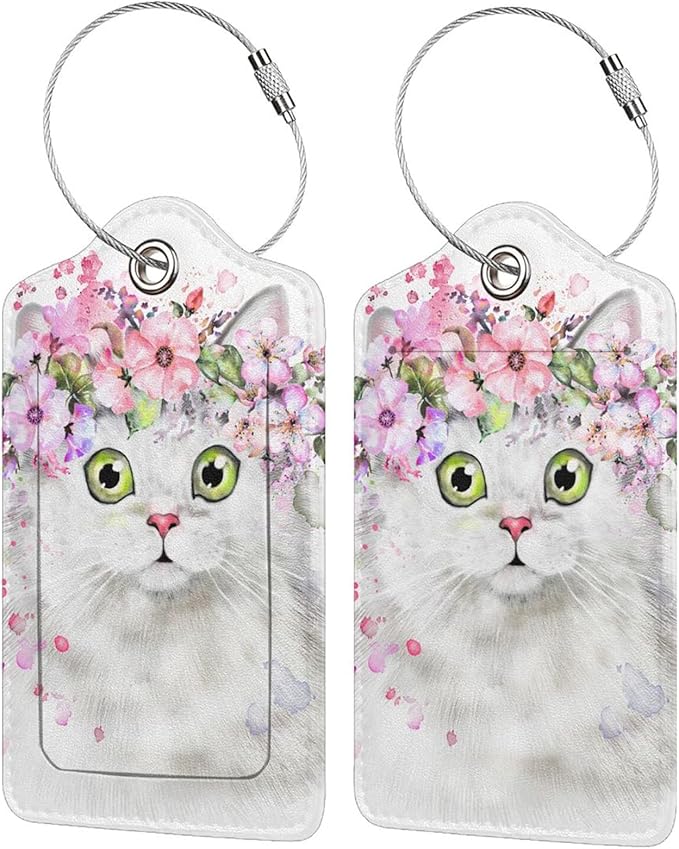 2 Pcs Cute White Cat with Pink Flowers Pattern Leather Luggage Tags, Funny Animal-Themed Suitcase Labels Bag Tag Name ID Labels with Privacy Cover for Teen Kids Adults