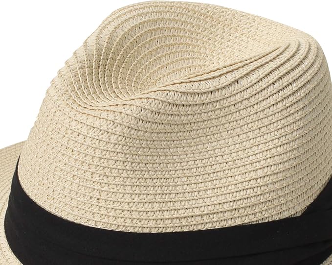 DRESHOW Women Straw Panama Hat Travel Fedora Beach Sun Hat Summer Wide Brim Straw Roll up Hat UPF 50+