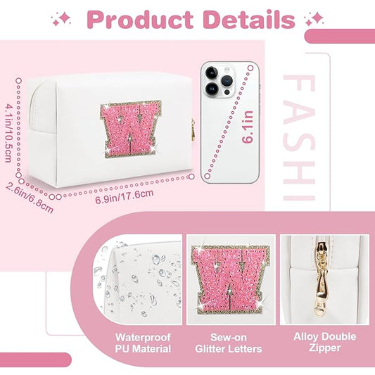 Small Initial Patch Makeup Bag Personalized Gifts Make Up Bag,White Cute PU Leather Glitter Letter Cosmetic Bag with Zipper,Trendy Portable Travel Toiletry Pouch,Preppy Stuff for Teen Girls Women W