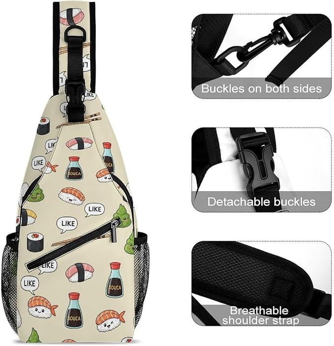 SWEET TANG Chest Bag for Men Women Cute Sushi Sling Shoulder Backpack Fashion Daypack, Outdoor Sport Adjustable Zippered Crossbody Bag with Large Capacity