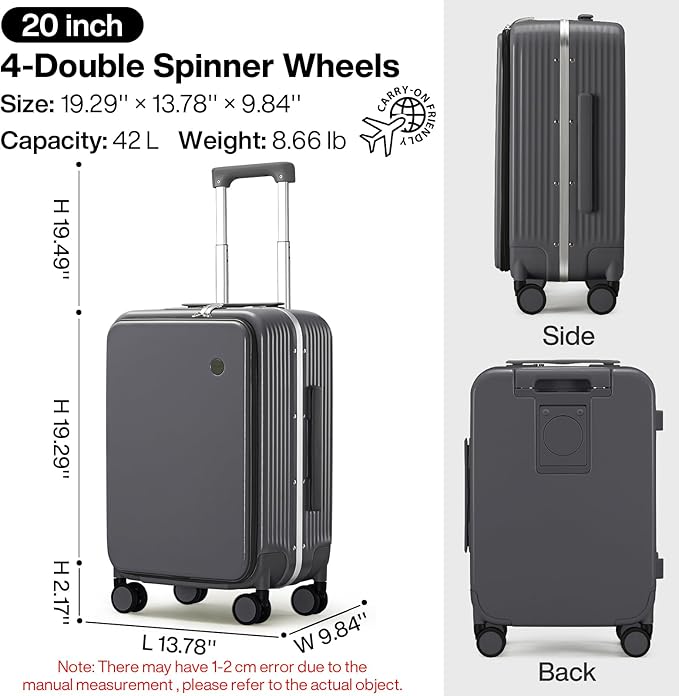 mixi Carry On Luggage with Cup Phone Holder and Charger Hard Shell Suitcases with Spinner Wheels,20 Inch Rock Gray