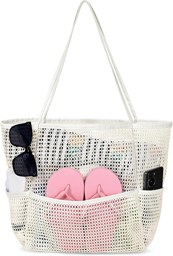 Iioscre Mesh Beach Tote Bags for Womens, Causal Hobo Pool Bags for Swimming Pools Vacations Beach Essentials