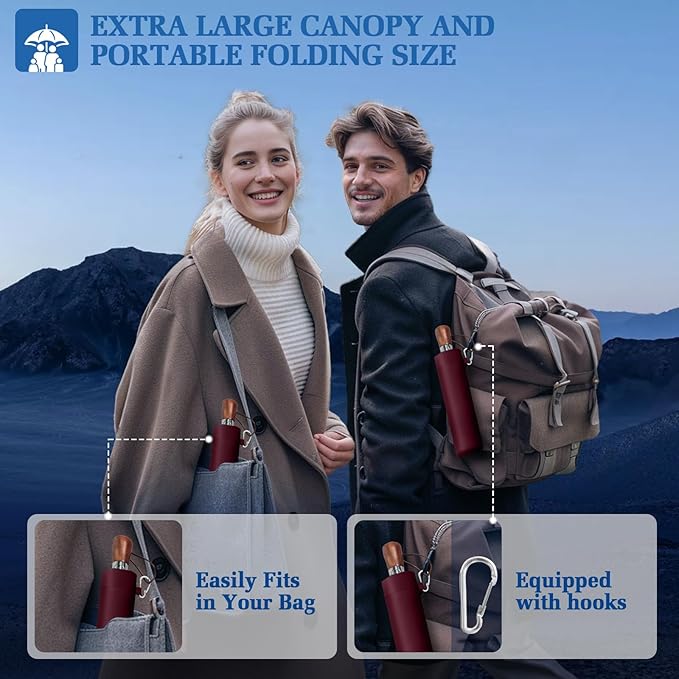 Umbrellas for Rain, 47" Large Windproof Travel Umbrella, Triple-Layer Vented Canopy, 10 Fiberglass Ribs, Auto Open Close Compact Umbrella, Wooden Handle, Heavy Duty for Commute, Gifts for Men & Women