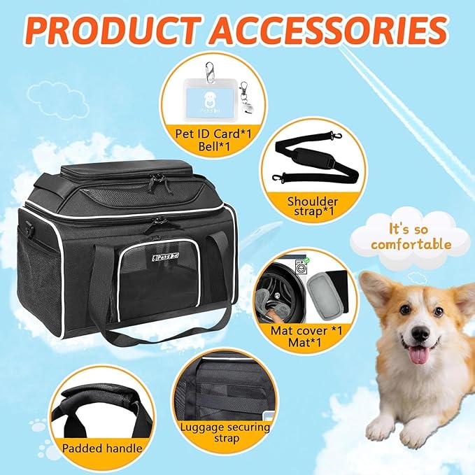 Petskd Top-Expandable Pet Carrier 17x12x8.5 Inches JetBlue Allegiant Spirit Airline Approved, Soft-Sided Carrier for Small Cats and Dogs with Locking Safety Zippers and Anti-Scratch Mesh(Black)