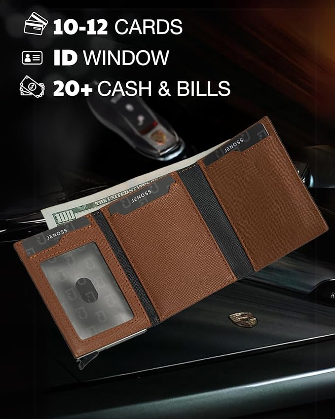 Jenoss Smart Wallet For Men: Full Grain Leather, Handcrafted, Silver Metal Pop Up Case, Slim RFID Blocking Credit Card Holder, Minimalist Compact 12 Cards Slot Organizers ID Money Clip (Black & Brown)
