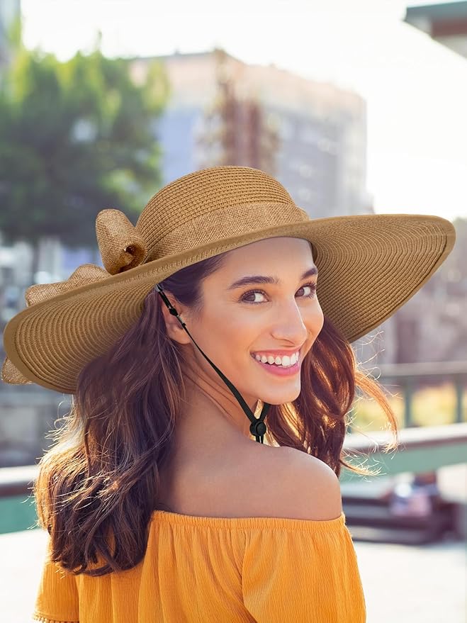 Senker Fashion Sun Hats for Women, Wide Brim Floppy Beach Straw Hat for Summer Travel Vacation Foldable with Sunglasses