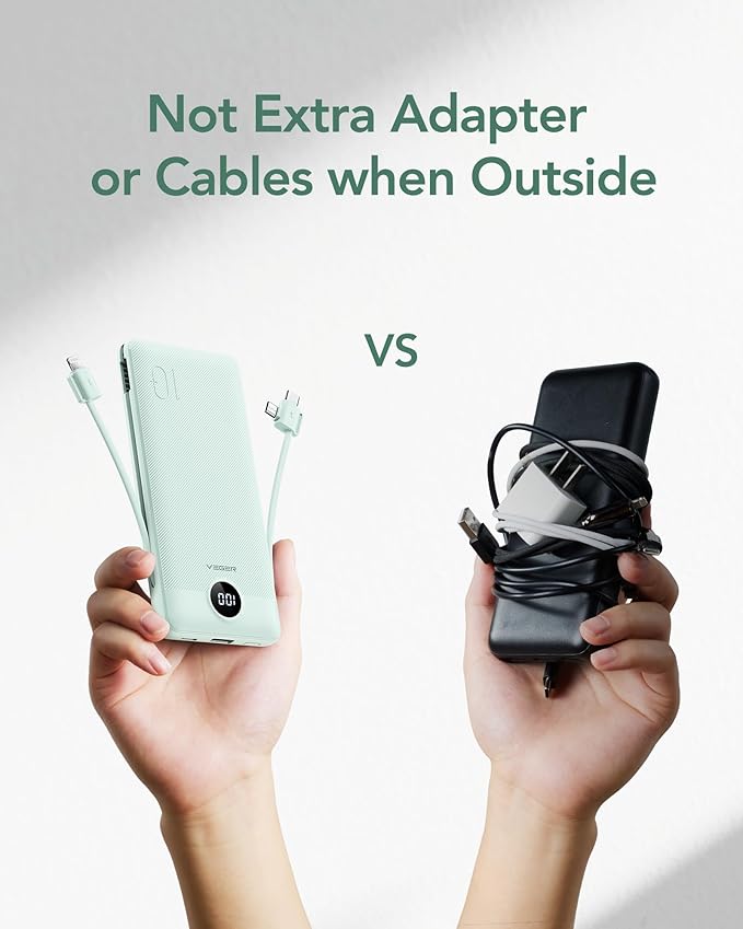 VEGER Portable Charger with Built-in AC Plug and Cables, All in One 10000mAh Ultra-Slim Power Bank, 15W Fast Charging for iPhone, Samsung, Android, Travel Essential (Coffee)