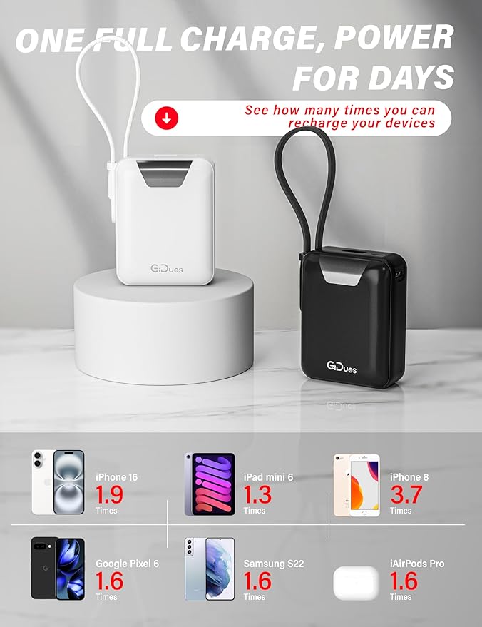 Mini Portable Charger, 10000mAh Ultra-Compact Power Bank, 22.5W PD Fast Charging, Tpye-C Built-in Cable, Small Size External Battery Pack for iPhone, Samsung, Android iPad (Black)