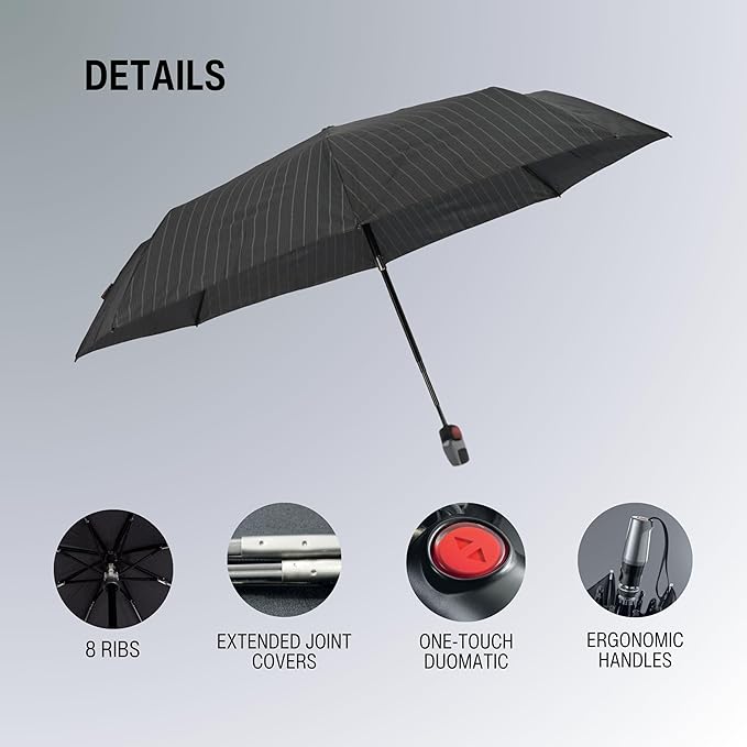 Knirps T.200 Duomatic Compact Rain Umbrella in Men's Stripe– Wind Tunnel Tested to 93 mph, Aluminum Steel Fiberglass Frame, 38in Canopy, OEKO-TEX, High-Performance Automatic Travel Umbrellas