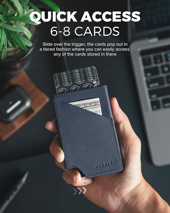 VULKIT Pop up Card Wallet Top-Grain Genuine Leather RFID Blocking Slim Aluminum Metal Bank Card Holder Case with Business Money Pocket for Credit Cards Notes and Coins Navy