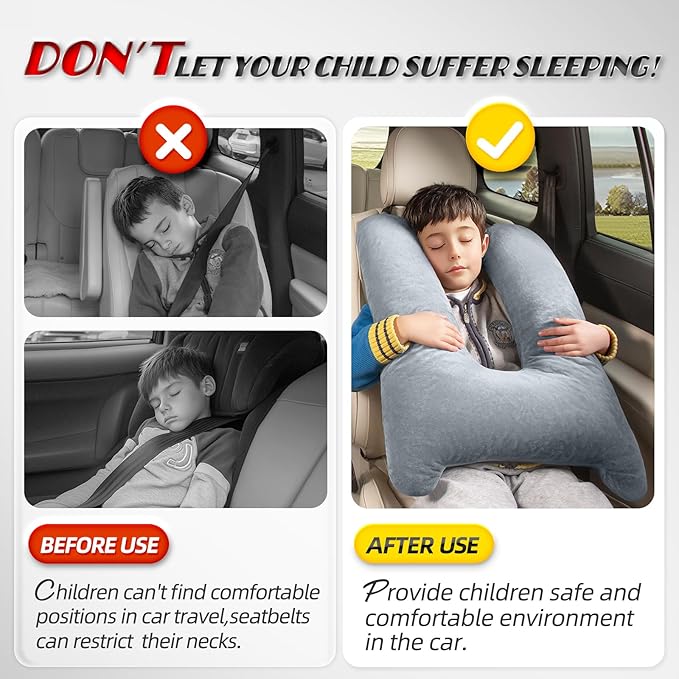 MAGIC ELEPHANT Travel Pillow for Car Sleeping, Car Pillow for Kids Travel and Adults, Neck Pillow and Road Trip Essentials for Kids, Light Grey