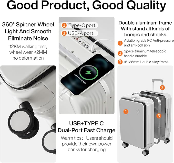 mixi Carry On Luggage with Cup Phone Holder and Charger Hard Shell Suitcases with Spinner Wheels, 20 Inch Smoke White