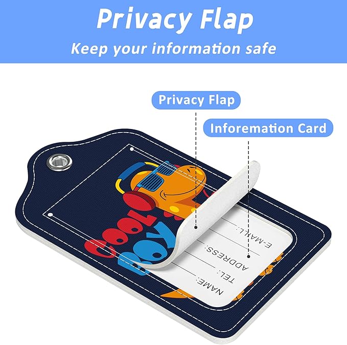 2 Pack Luggage Tags for Suitcase Cartoon Cool Dinosaur Leather Stainless Steel Loop Label Tags for Women Men Travel Bag Suitcase with Privacy Cover Name ID Card