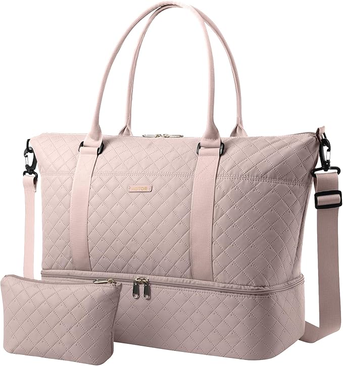 HOTOR Travel Duffel Bag - Weekender Bags for Women, Carry On Overnight Bag with Shoe Compartment, with Toiletry Bag for Travel Essentials and Travel Accessories, Pink, 13.4"×17.3"×7.9"