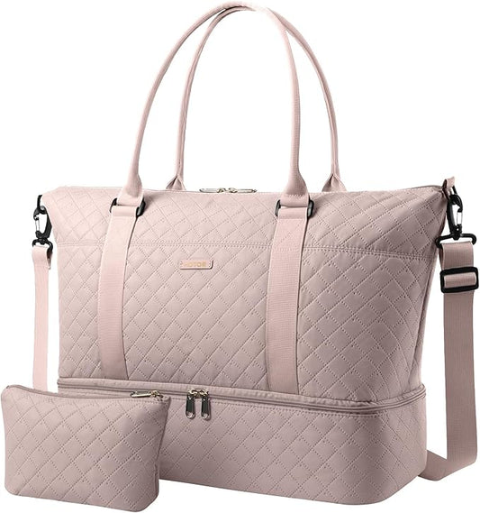 HOTOR Travel Duffel Bag - Weekender Bags for Women, Carry On Overnight Bag with Shoe Compartment, with Toiletry Bag for Travel Essentials and Travel Accessories, Pink, 15.8"×18.1"×8.7"
