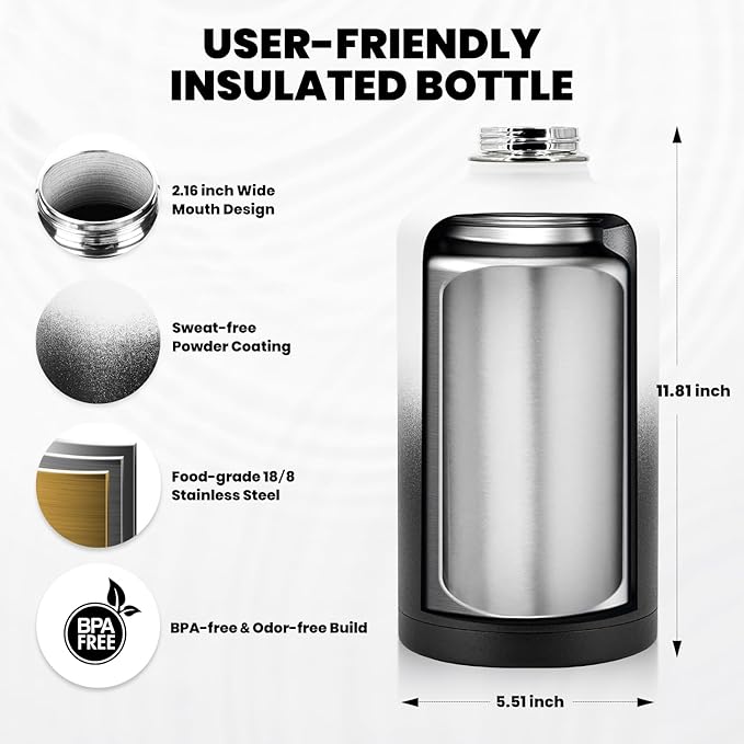 One Gallon Water Bottle Insulated, Triple Walled Vacuum Stainless Steel (Cold for 48 Hrs), Leak Proof & Non-BPA, Large Water Flask Jug with Paracord Handle & Straw Spout Lids