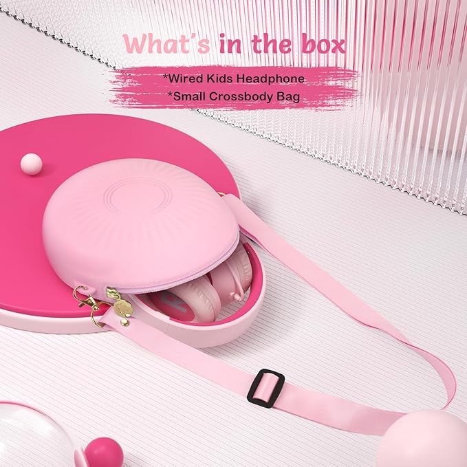 Kids Wired Headphones with Microphone, Volume Limited to 85/94dB, Foldable 3.5mm Jack Headset for Girls, Pink Over-Ear Headphones for School, Study & Travel, Includes Carry Case（Pink）