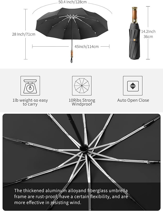 Rain Cats Large Umbrella 45 Inch diameter Umbrellas for rain Strong10 Ribs Fiberglass Windproof big Compact Automatic portable Folding Travel/Thick Fabric/Wood handle