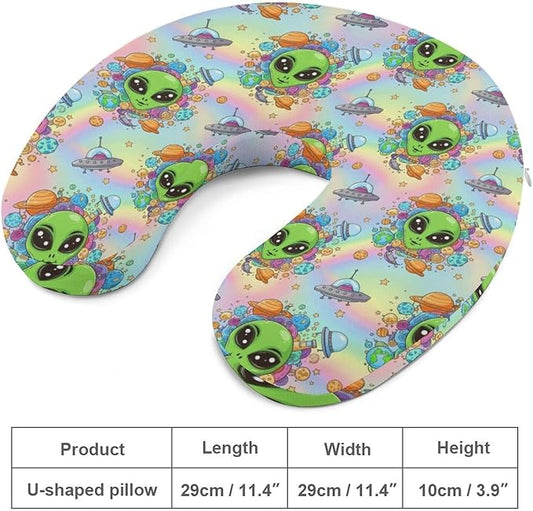 Funny Memory Foam Neck Pillow Travel U Shaped Cushion with Zip Cover, Chin Support for Airplane Car Office Home Nap, Cute Alien Space Planet