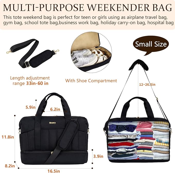 Weekender Bag, Large Travel Duffel Bag for Women, Carry on Overnight Bag with Shoe Compartment and Toiletry Bags