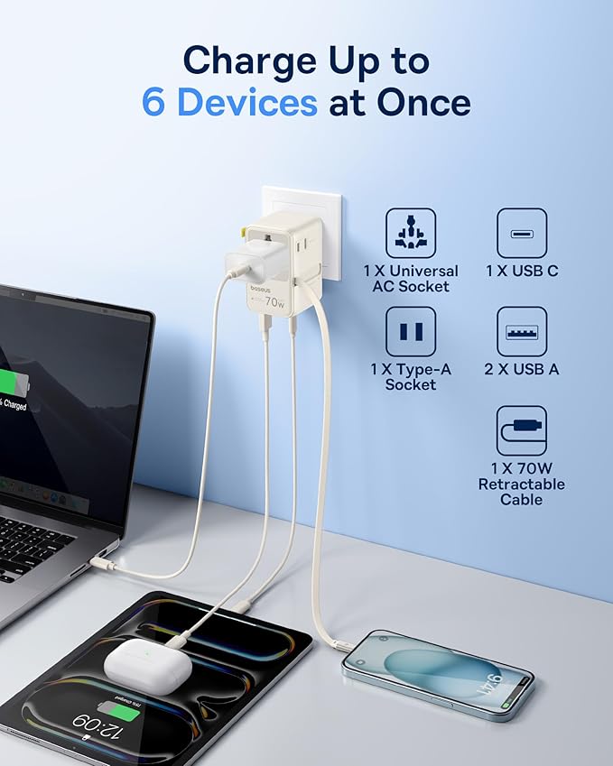 Baseus 70W Universal Travel Adapter with Retractable Cable, 6-in-1 International Plug Adapter, USB-C PD Fast Charging Worldwide Wall Charger for USA/EU/UK/AUS and Over 200 Countries (Off-White)