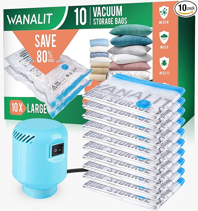 Vacuum Storage Bags with Electric Pump, 10 Pack Large Size（32"x 22"） Reusable Compression Space Saving Bag for Clothes, Bedding, Mattress, Blankets, Pillows, Comforters, Travel, White