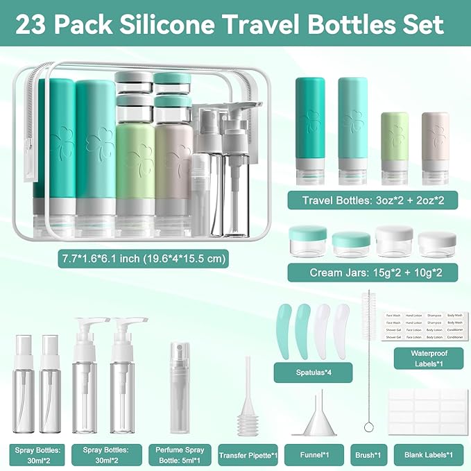 23 Pack Travel Bottles for Toiletries, TSA Approved Travel Shampoo Bottles, Silicone Travel Containers for Toiletries, Leak Proof Refillable Travel Essentials for Liquids Shampoo and Conditioner